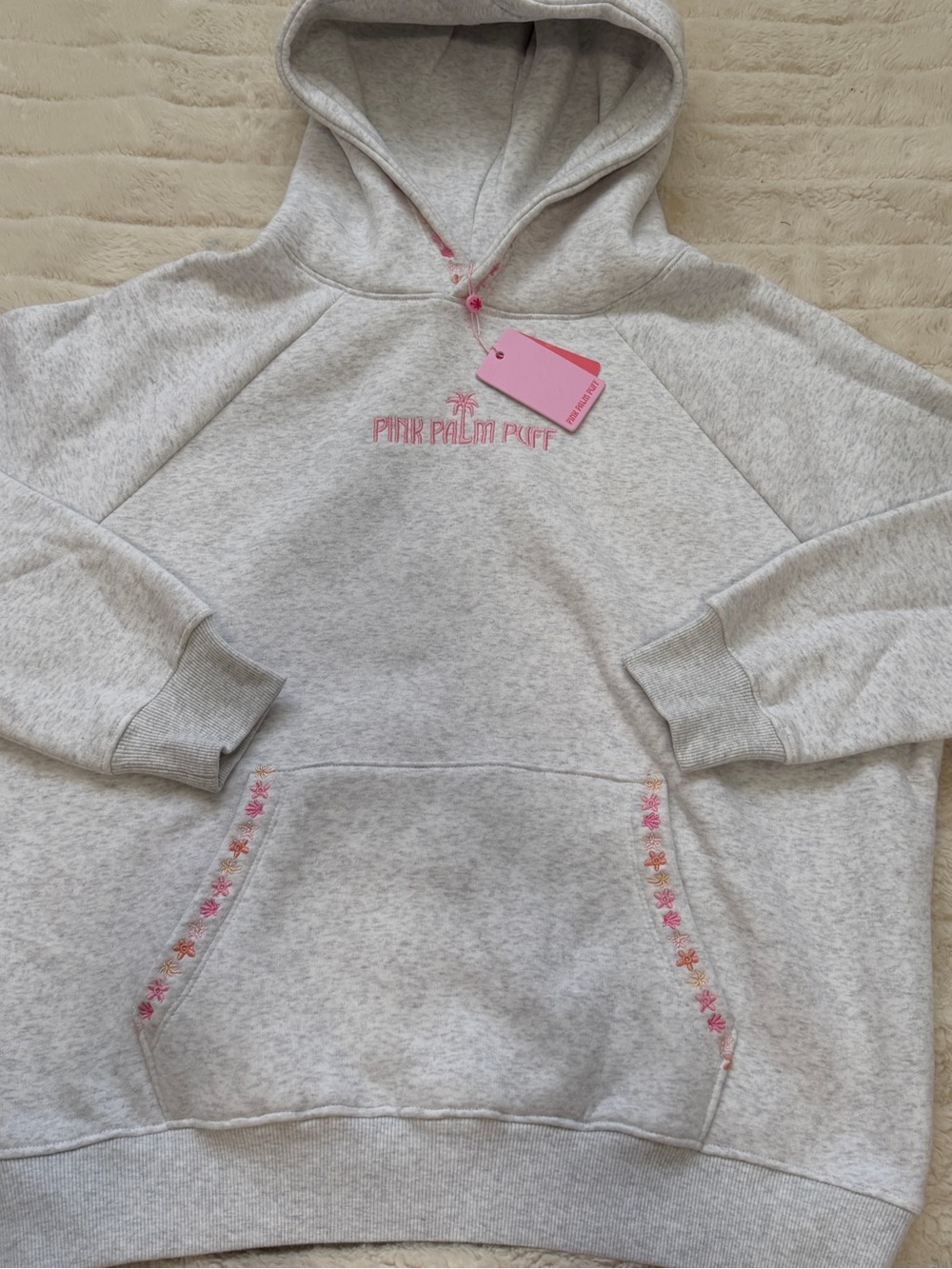 Pink Palm Puff Light Gray Embroidered Hoodie